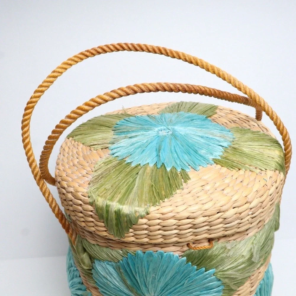 VTG Handmade Straw Raffia Woven Basket with Handle & Lid‎ Floral Boho MCM